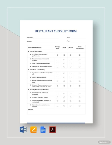 sample restaurant checklist form template