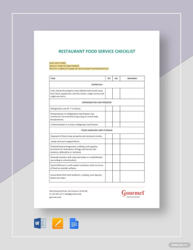 sample restaurant food service checklist template