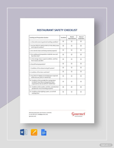 sample restaurant safety checklist template