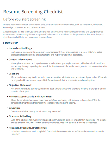 sample resume screening checklist template
