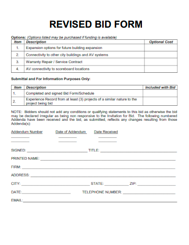 sample revised bid form template