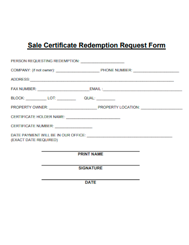 sample sale certificate redemption request form template