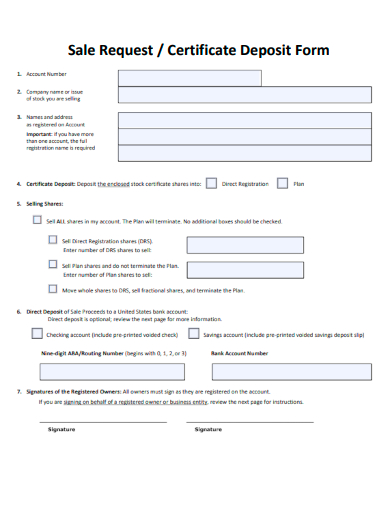 sample sale request certificate deposit form template