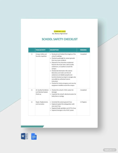 sample school safety checklist template