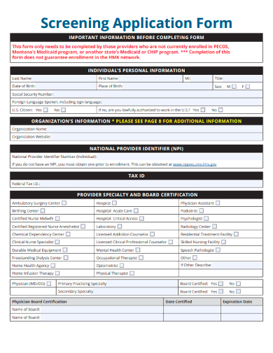 sample screening application form template
