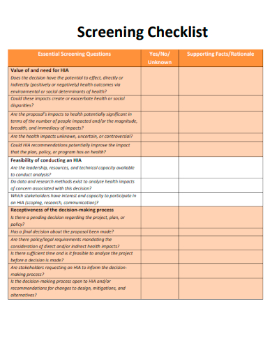 sample screening checklist basic template