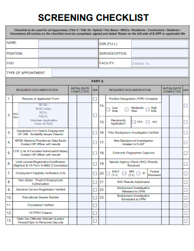 sample screening checklist form template