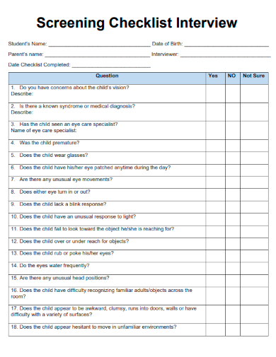 sample screening checklist interview template