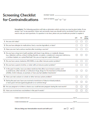 sample screening checklist for contraindications template