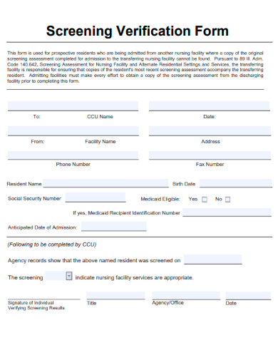 sample screening verification form template