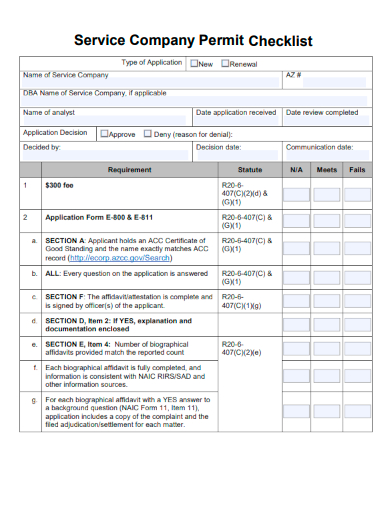 sample service company permit checklist form template