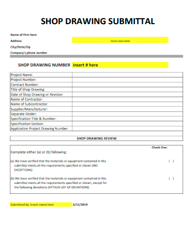 sample shop drawing submittal form template