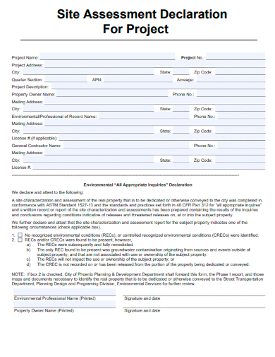 sample site assessment declaration for project form template