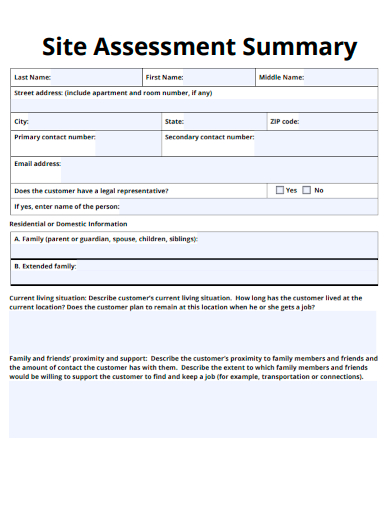 sample site assessment summary form template