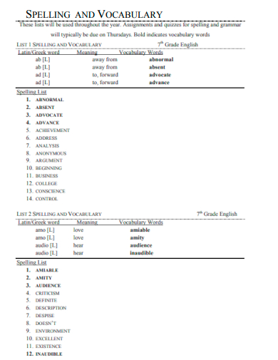 sample spelling vocabulary worksheet template
