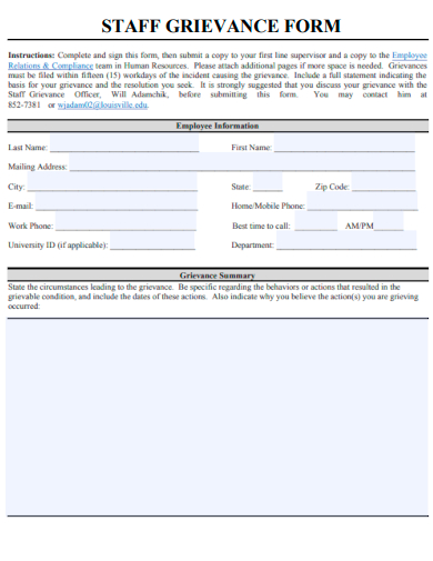 sample staff grievance form template