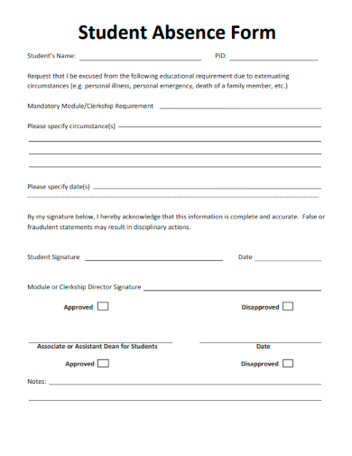 sample student absence form template