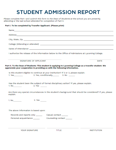 sample student admission report template