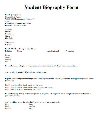 sample student biography form template