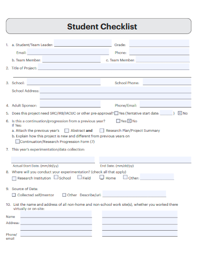 sample student checklist form template