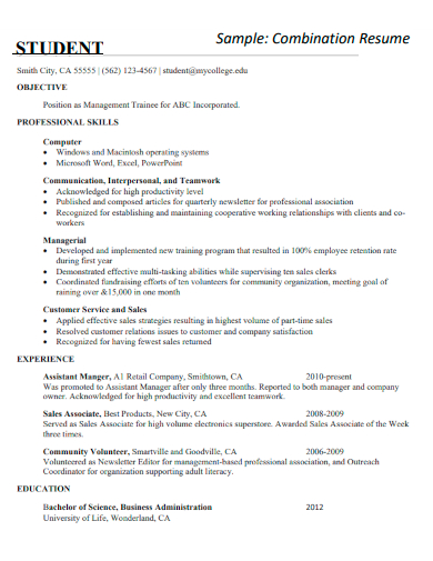 sample student combination resume template