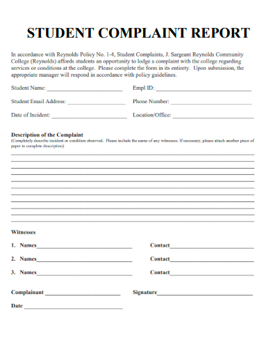 sample student complaint report template