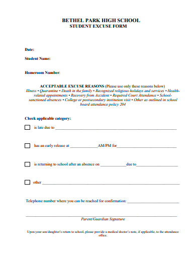 sample student excuse form template