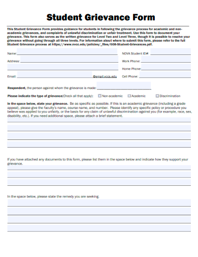sample student grievance form template