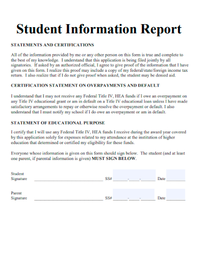 sample student information report template