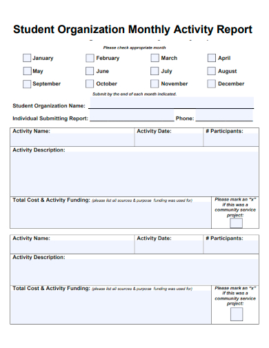 sample student organization monthly activity report template