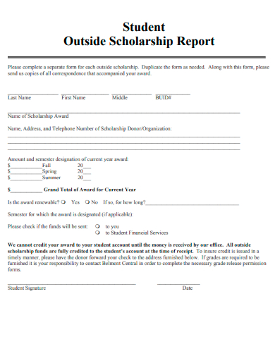 sample student outside scholarship report template