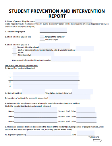 sample student prevention intervention report template