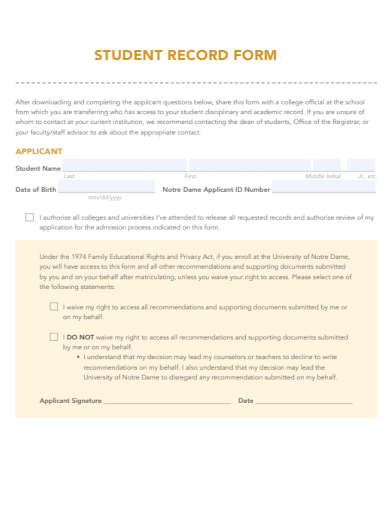sample student record form template