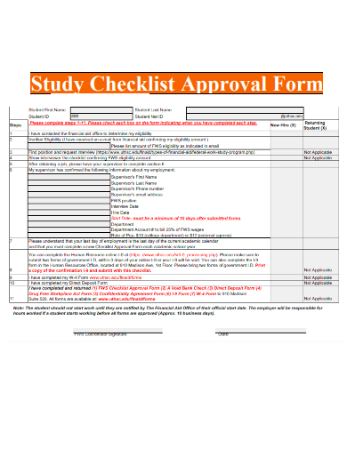 sample study checklist approval form template