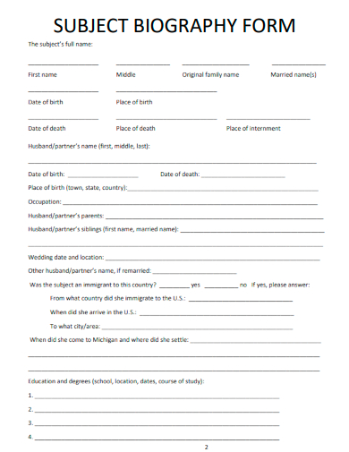 sample subject biography form template