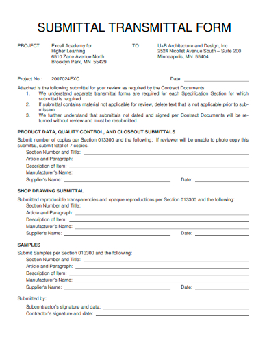 sample submittal transmittal form template
