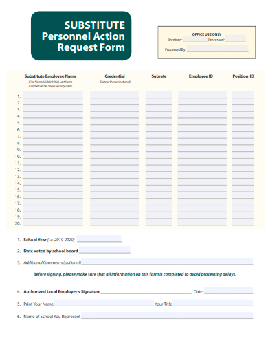sample substitute personnel action request form template