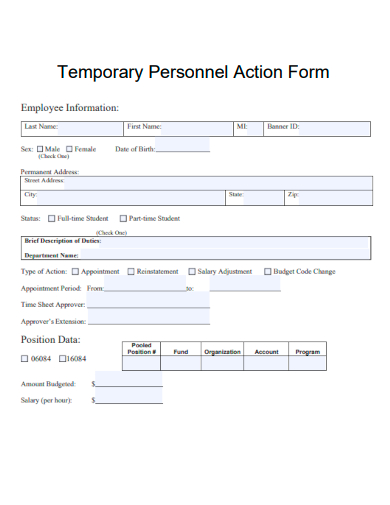 sample temporary personnel action form template