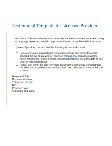 sample testimonial template for licensed providers
