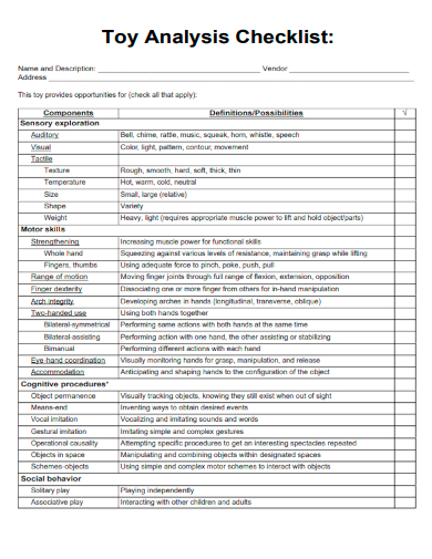 sample toy analysis checklist template