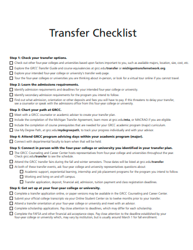 sample transfer checklist template