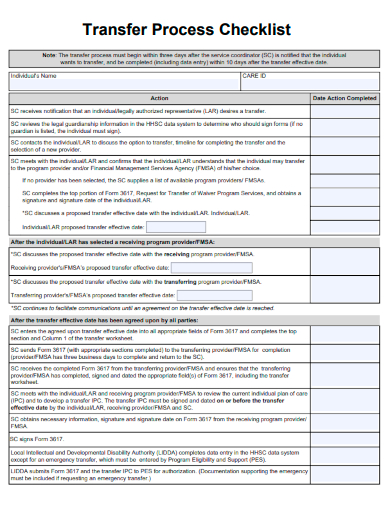 sample transfer process checklist form template