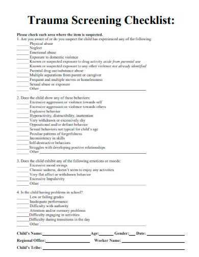 sample trauma screening checklist template