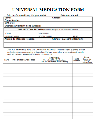 sample universal medication form template