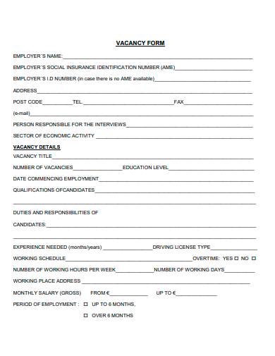 sample vacancy form template