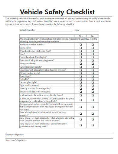 sample vehicle safety checklist template