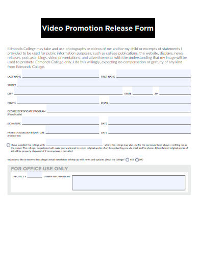 sample video promotion release form template
