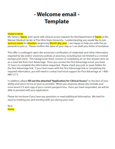 sample visitor welcome email template