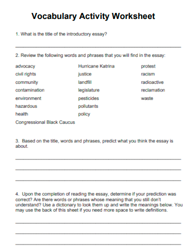 sample vocabulary activity worksheet template