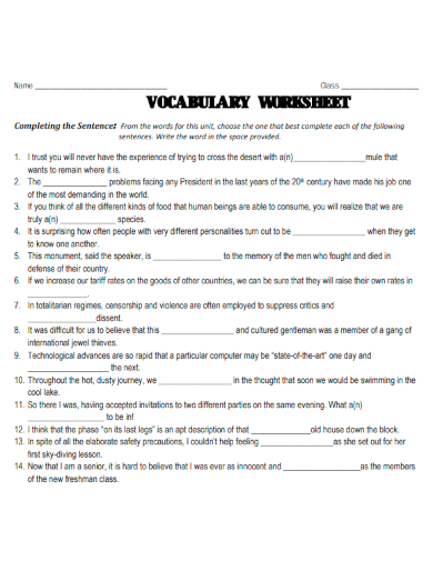 sample vocabulary worksheet basic template